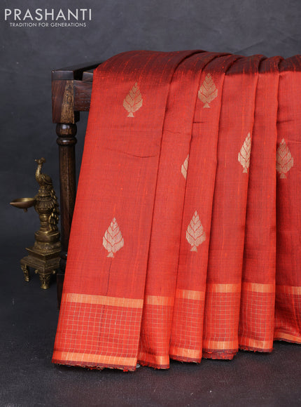 Pure dupion silk saree orange with zari woven buttas and zari woven checked border