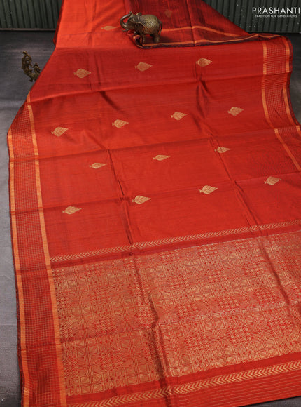 Pure dupion silk saree orange with zari woven buttas and zari woven checked border