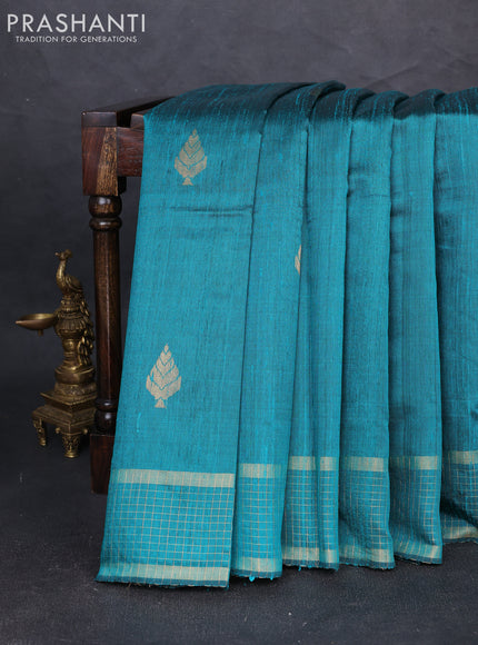 Pure dupion silk saree teal green with zari woven buttas and zari woven checked border
