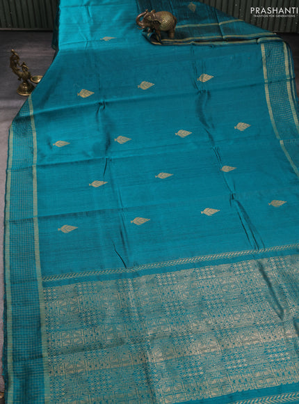 Pure dupion silk saree teal green with zari woven buttas and zari woven checked border
