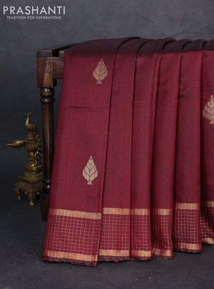 Pure dupion silk saree maroon with zari woven buttas and zari woven checked border