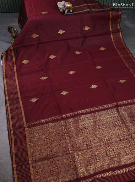 Pure dupion silk saree maroon with zari woven buttas and zari woven checked border