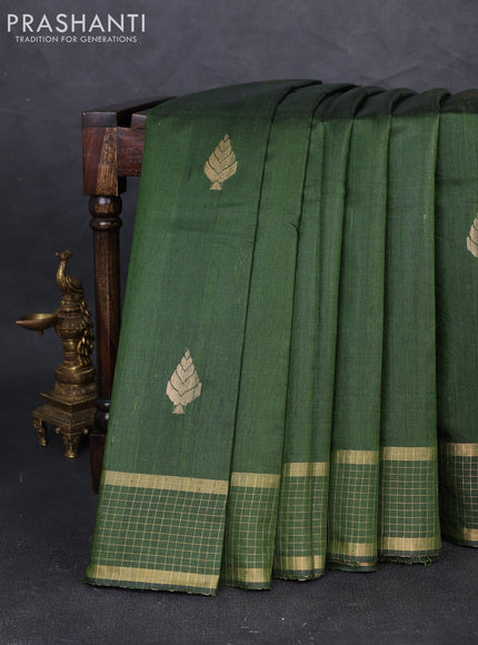 Pure dupion silk saree green with plain body and temple design zari woven butta border