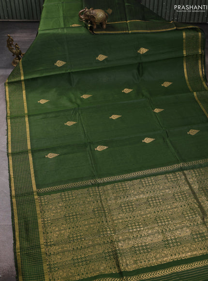 Pure dupion silk saree green with plain body and temple design zari woven butta border