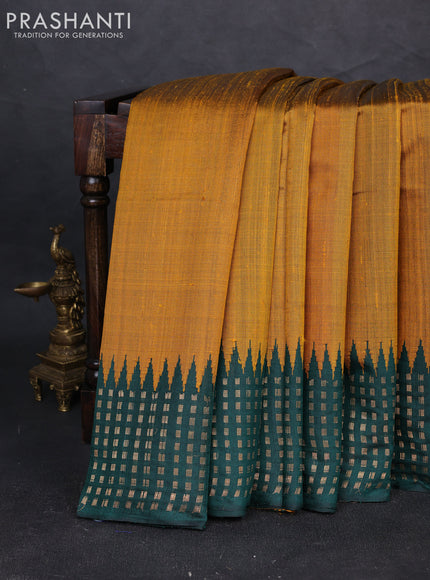 Pure dupion silk saree dark mustard and bottle green with plain body and temple design zari woven butta border