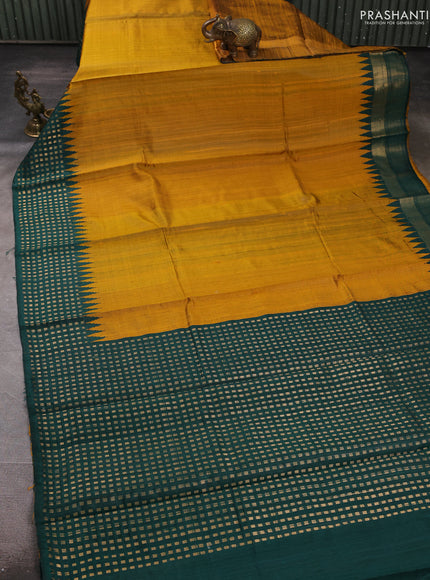 Pure dupion silk saree dark mustard and bottle green with plain body and temple design zari woven butta border
