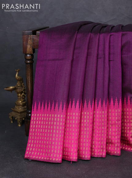 Pure dupion silk saree purple and pink with plain body and temple design zari woven butta border