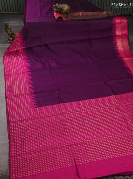 Pure dupion silk saree purple and pink with plain body and temple design zari woven butta border