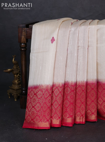 Pure dupion silk saree cream and pink with thread woven buttas and zari woven border