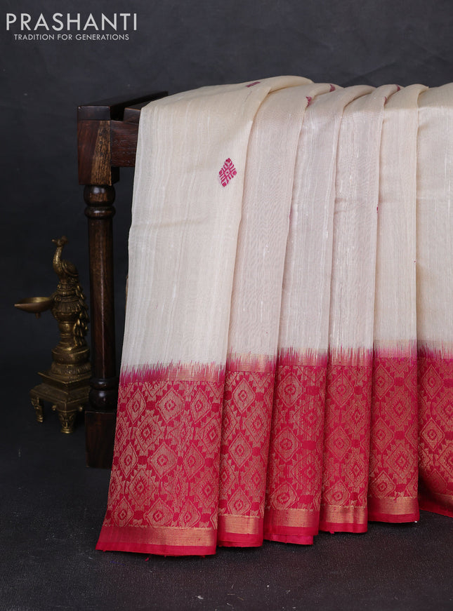 Pure dupion silk saree cream and pink with thread woven buttas and zari woven border