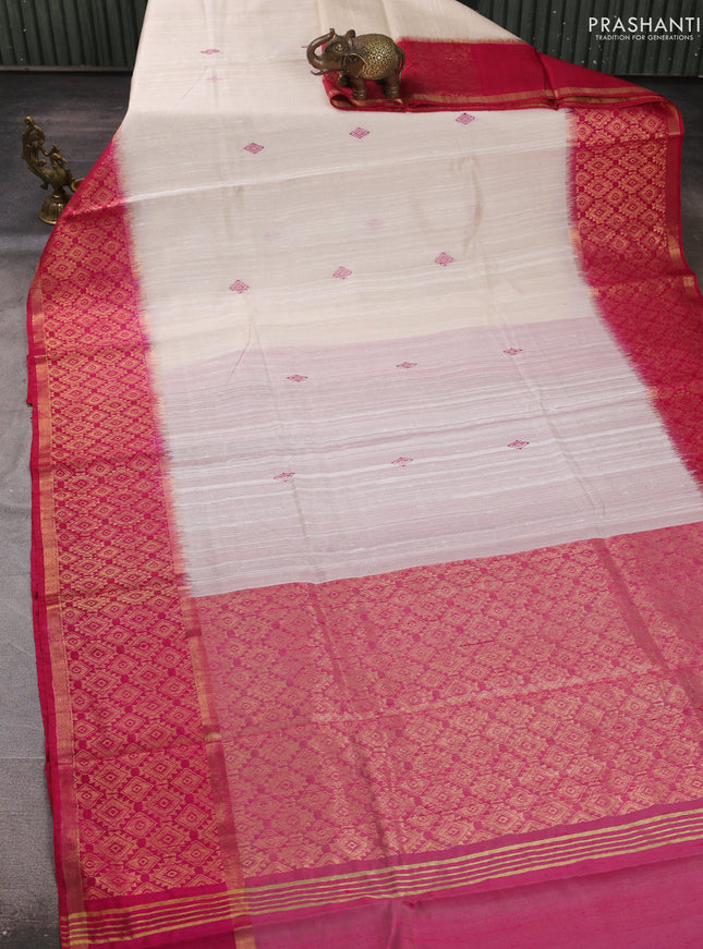 Pure dupion silk saree cream and pink with thread woven buttas and zari woven border