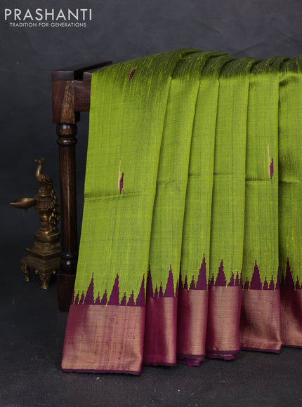 Pure dupion silk saree light green and purple with thread & zari woven buttas and temple design zari woven border