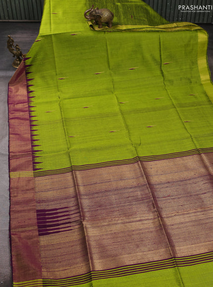 Pure dupion silk saree light green and purple with thread & zari woven buttas and temple design zari woven border