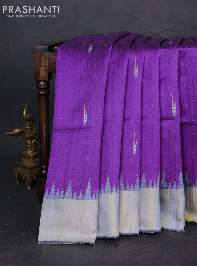 Pure dupion silk saree violet and lavender with thread & zari woven buttas and temple design zari woven border
