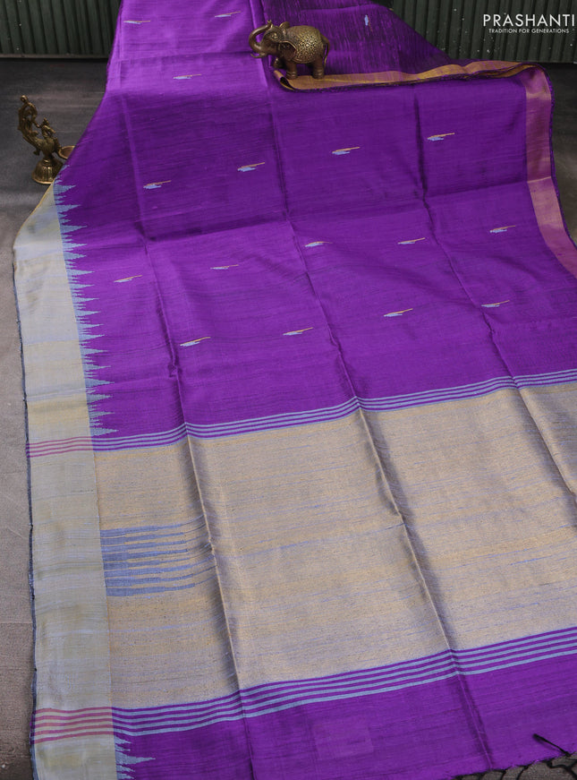 Pure dupion silk saree violet and lavender with thread & zari woven buttas and temple design zari woven border