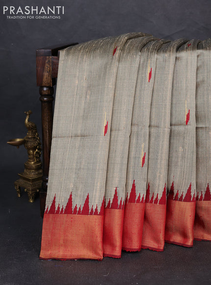 Pure dupion silk saree beige and maroon with thread & zari woven buttas and temple design zari woven border