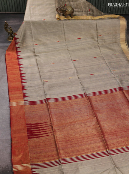Pure dupion silk saree beige and maroon with thread & zari woven buttas and temple design zari woven border