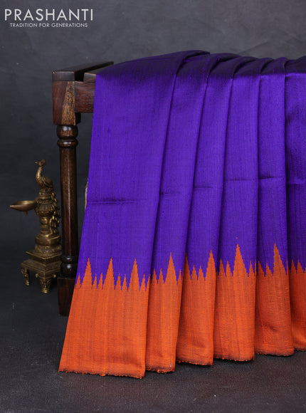 Pure dupion silk saree violet and rustic orange with plain body and temple design simple border