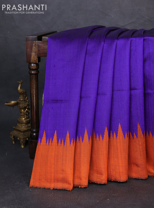 Pure dupion silk saree violet and rustic orange with plain body and temple design simple border