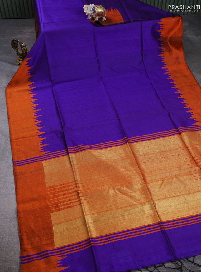 Pure dupion silk saree violet and rustic orange with plain body and temple design simple border
