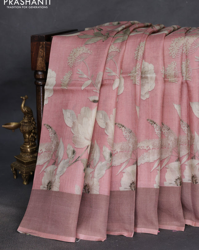 Pure tussar silk saree pastel pink with floral digital prints and zari woven border