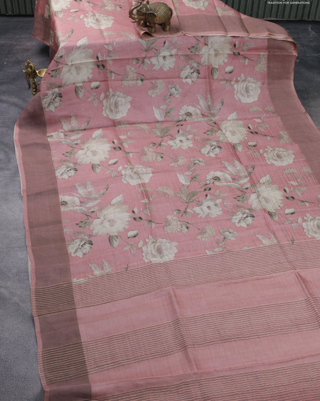 Pure tussar silk saree pastel pink with floral digital prints and zari woven border