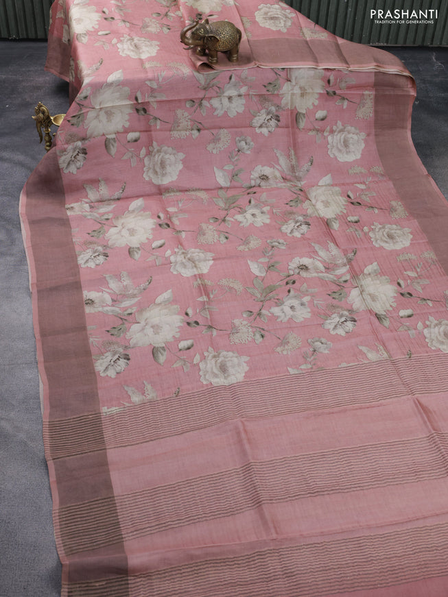 Pure tussar silk saree pastel pink with floral digital prints and zari woven border