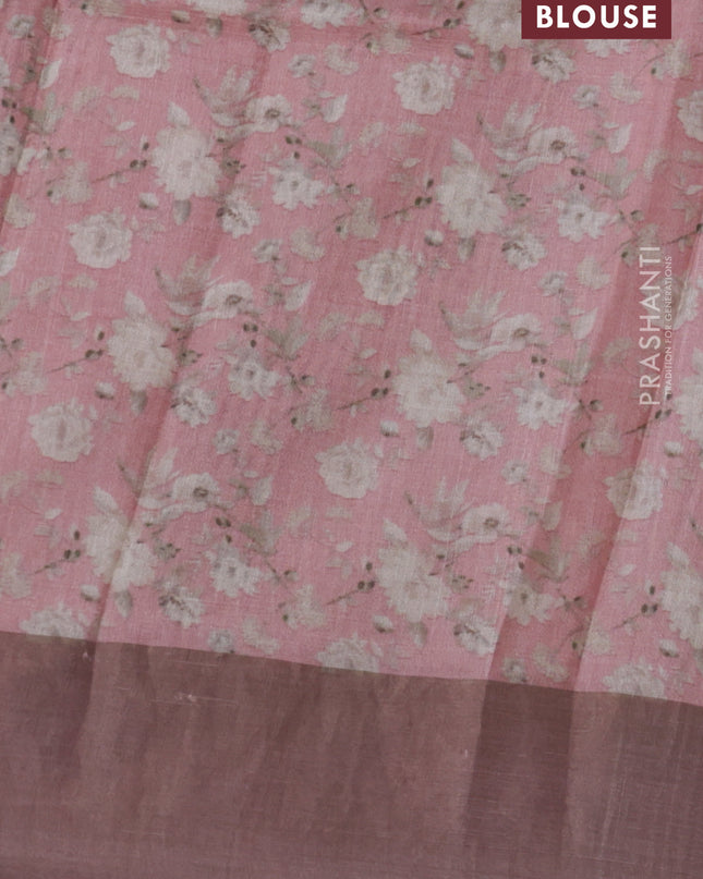 Pure tussar silk saree pastel pink with floral digital prints and zari woven border