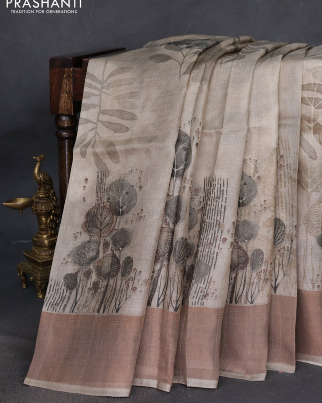Pure tussar silk saree grey shade with digital prints and zari woven border