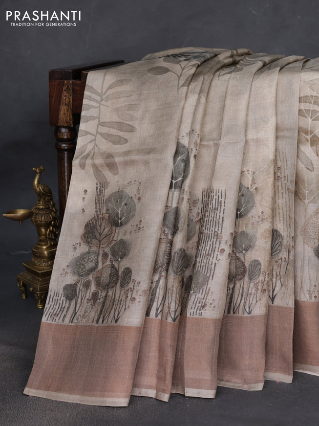 Pure tussar silk saree grey shade with digital prints and zari woven border