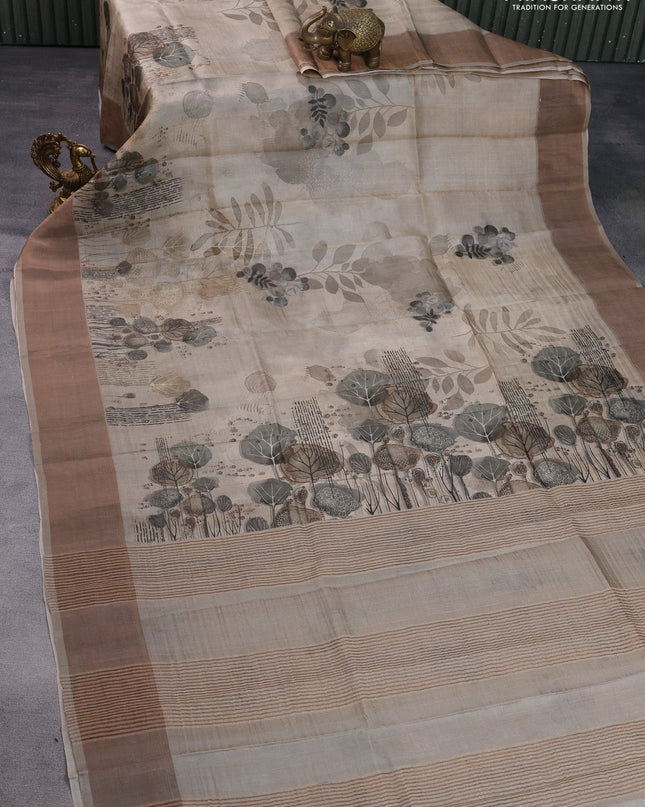 Pure tussar silk saree grey shade with digital prints and zari woven border