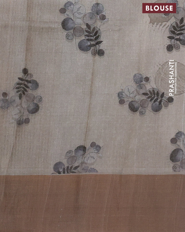 Pure tussar silk saree grey shade with digital prints and zari woven border