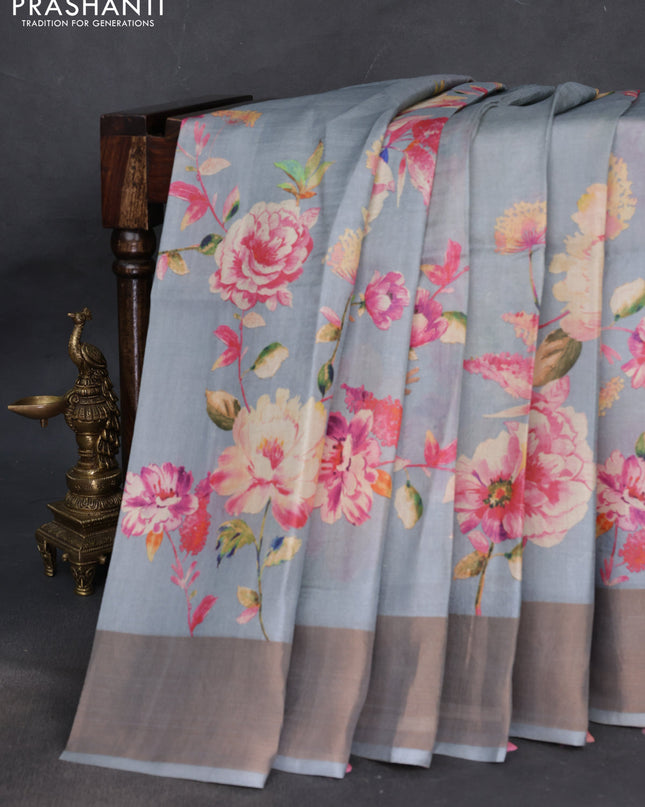 Pure tussar silk saree grey with floral digital prints and zari woven border