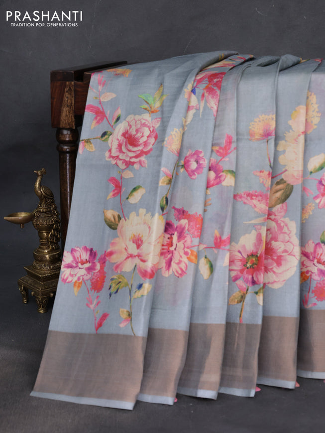 Pure tussar silk saree grey with floral digital prints and zari woven border