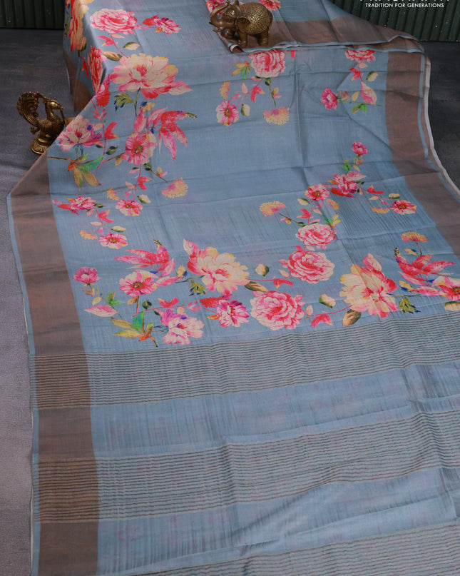 Pure tussar silk saree grey with floral digital prints and zari woven border