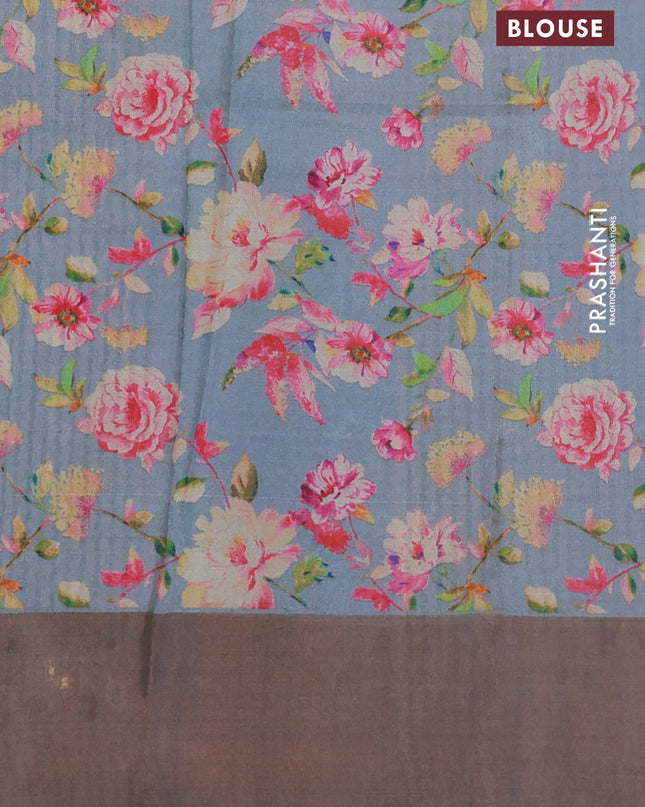 Pure tussar silk saree grey with floral digital prints and zari woven border
