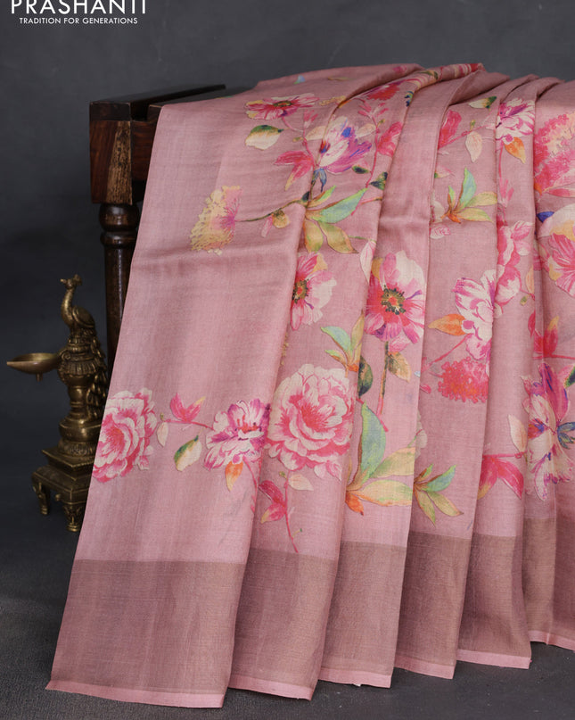 Pure tussar silk saree pastel pink with floral digital prints and zari woven border