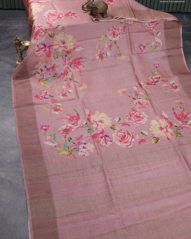 Pure tussar silk saree pastel pink with floral digital prints and zari woven border
