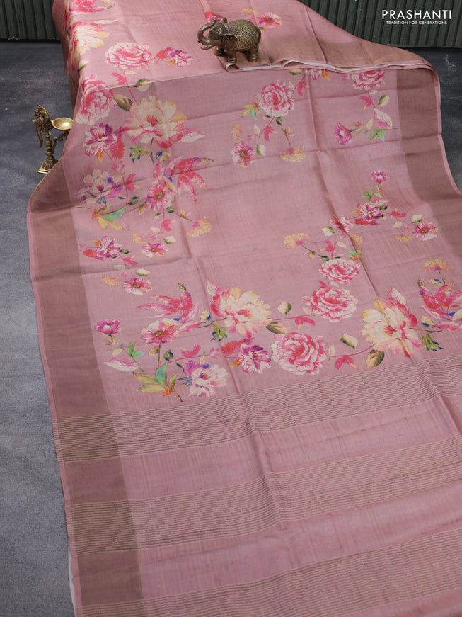 Pure tussar silk saree pastel pink with floral digital prints and zari woven border