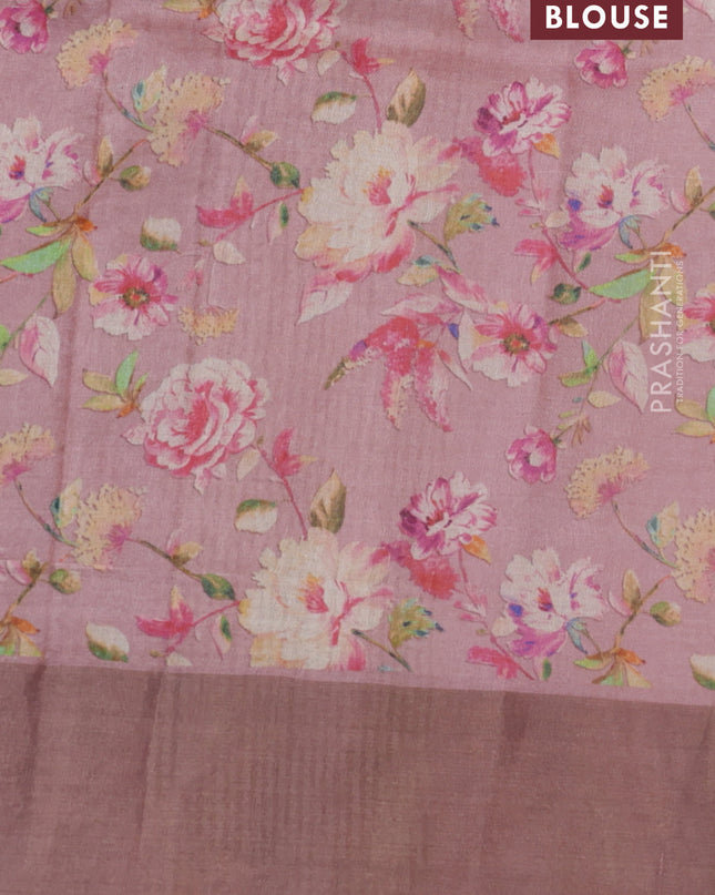 Pure tussar silk saree pastel pink with floral digital prints and zari woven border