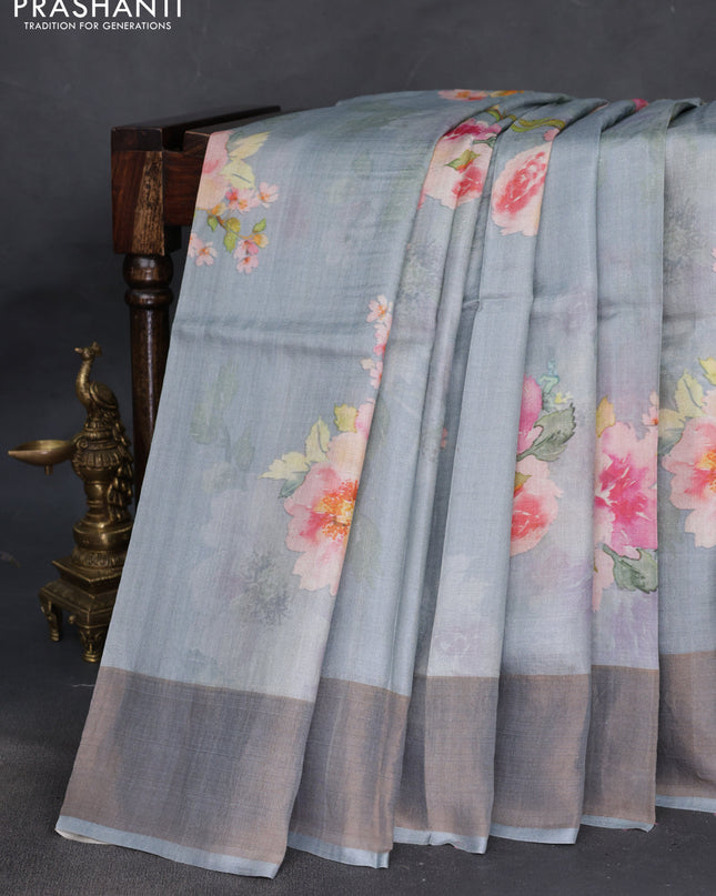 Pure tussar silk saree grey with floral digital prints and zari woven border