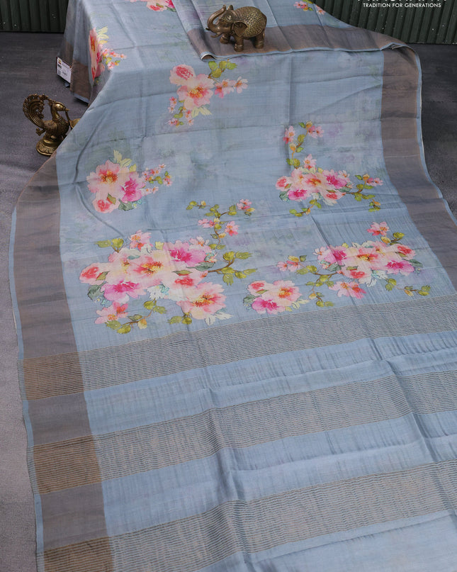 Pure tussar silk saree grey with floral digital prints and zari woven border