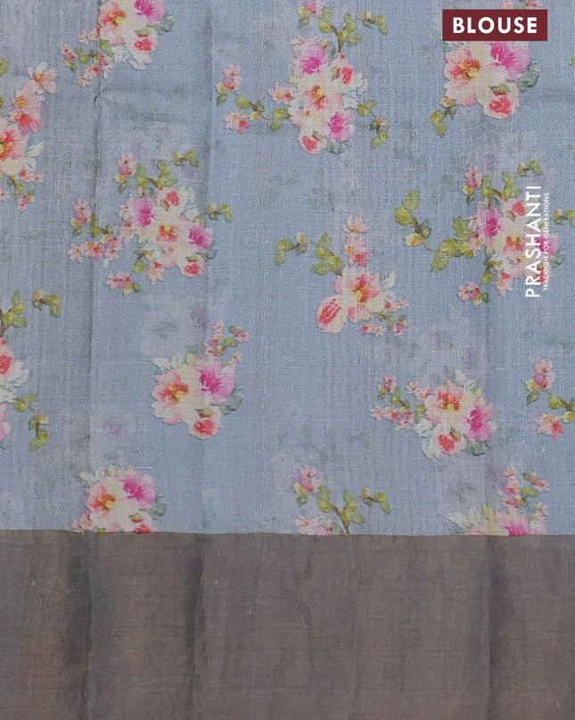 Pure tussar silk saree grey with floral digital prints and zari woven border