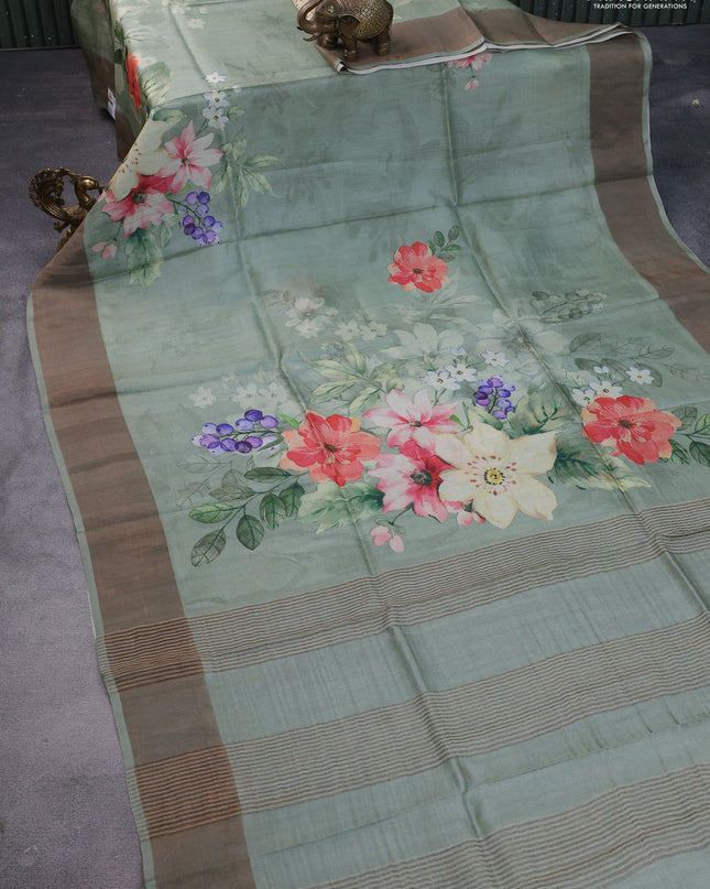 Pure tussar silk saree pastel green with floral digital prints and zari woven border