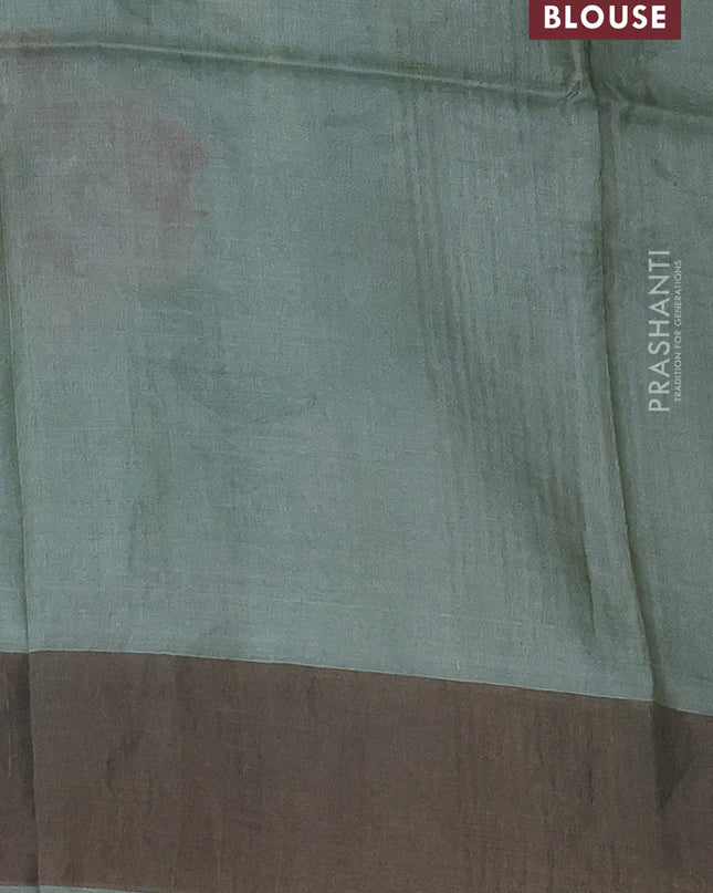 Pure tussar silk saree pastel green with floral digital prints and zari woven border