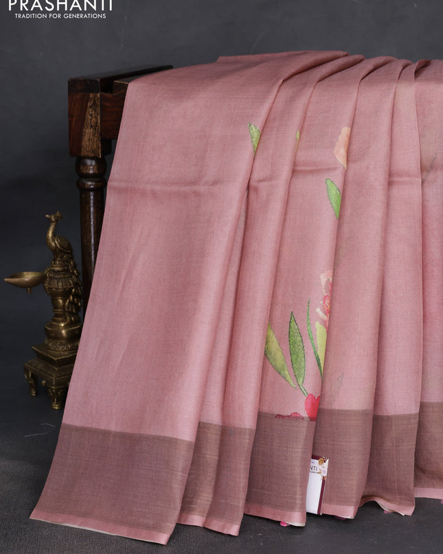 Pure tussar silk saree pastel pink with floral digital prints and zari woven border