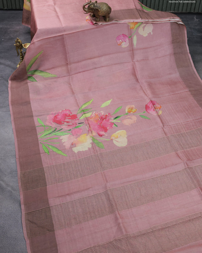 Pure tussar silk saree pastel pink with floral digital prints and zari woven border