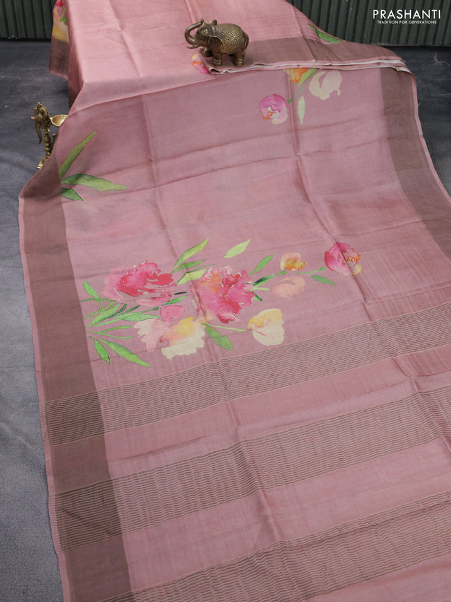 Pure tussar silk saree pastel pink with floral digital prints and zari woven border