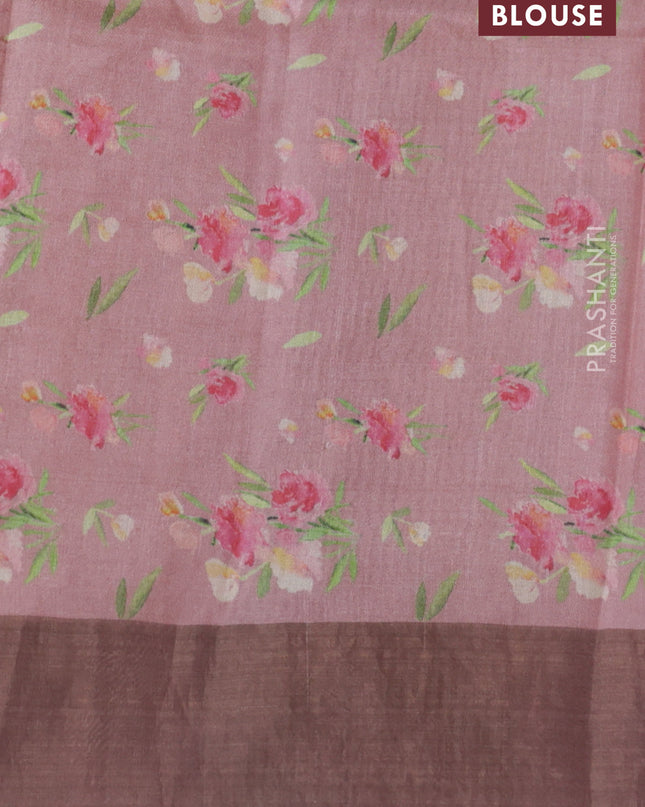 Pure tussar silk saree pastel pink with floral digital prints and zari woven border
