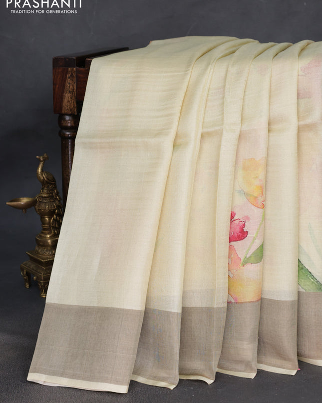 Pure tussar silk saree pale yellow with floral digital prints and zari woven border